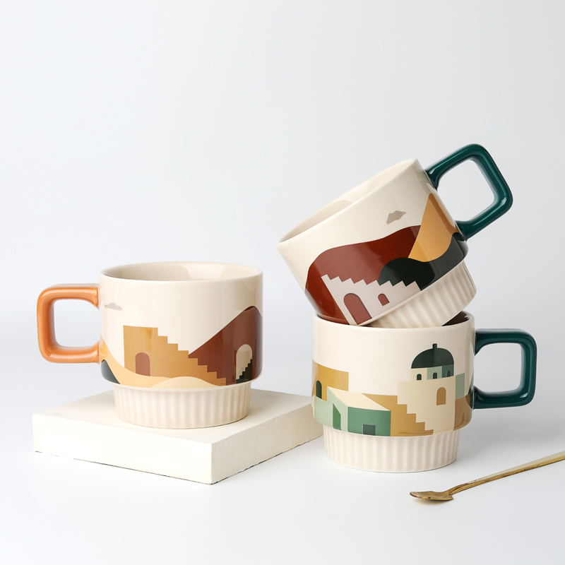 创意莫兰迪色系陶瓷马克杯带把咖啡杯家用牛奶杯高颜值条纹水杯子