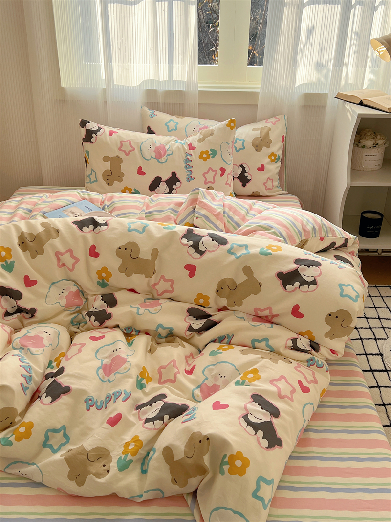 韩系可爱卡通小奶狗纯棉床上四件套1.5m1.8公寓全棉床单被套宿舍
