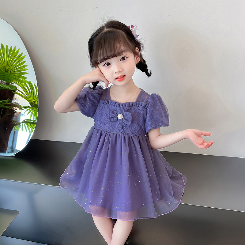 女童高端公主裙宝宝夏季裙子儿童紫色蕾丝纱裙2024小童夏装连衣裙