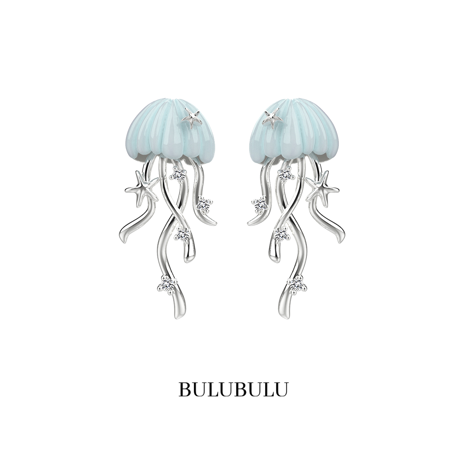 BULUBULU设计师深海日记系列蓝色水母耳钉梦幻海星锆石高级感耳饰
