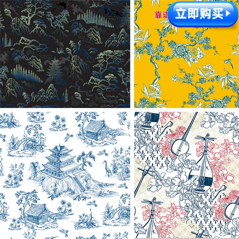 中国风手绘线描素描山水花鸟古典图腾印花图案AI矢量设计素材