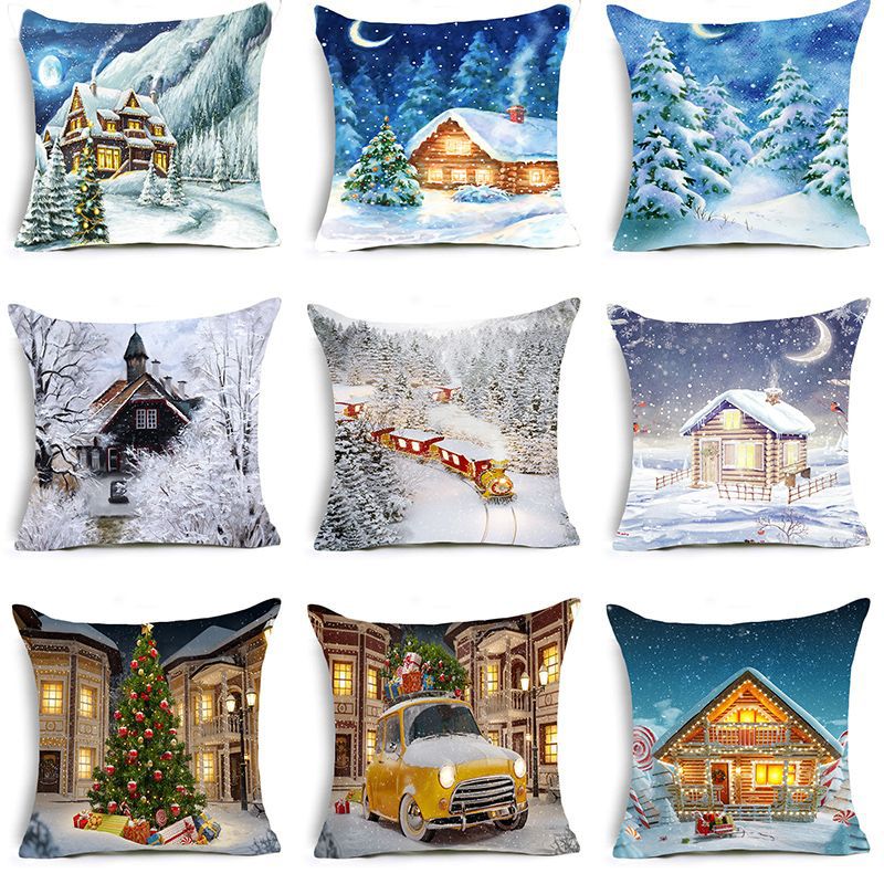 圣诞雪景小屋美式乡村油画风景桃皮绒抱枕套装饰品卧室沙发靠枕套