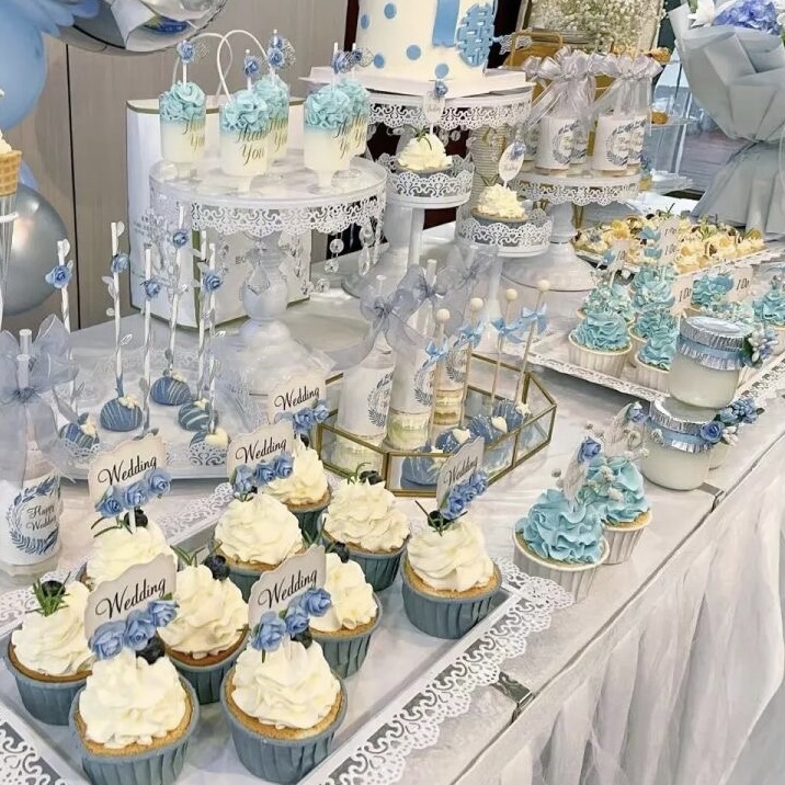 订婚蛋糕蓝色婚礼甜品台装饰雾霾蓝推推乐蛋糕筒浅蓝色贴纸棒棒糖