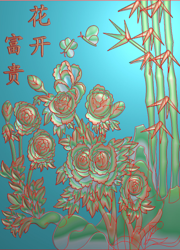 牡丹竹子花开富贵挂屏风精雕图背景墙木玉石雕浮雕灰度图素材142