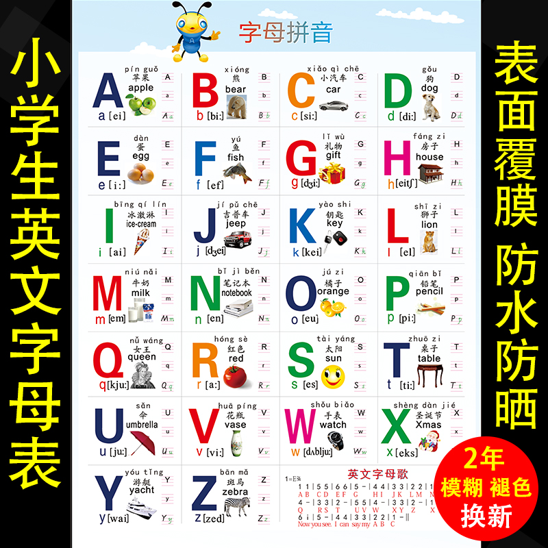 儿童26个英文字母标准英语书写法挂图海报国际英语音标分类表墙贴