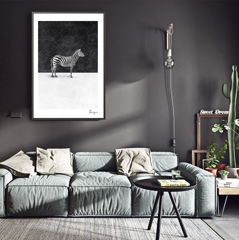 一只斑马现代简约装饰画黑白灰客厅书房卧室玄关动物挂画复古经典