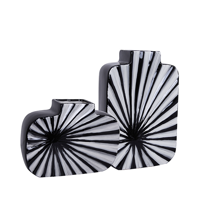 现代简约黑白色线条发散图扁圆方形陶瓷插花花瓶家居软装饰品摆件