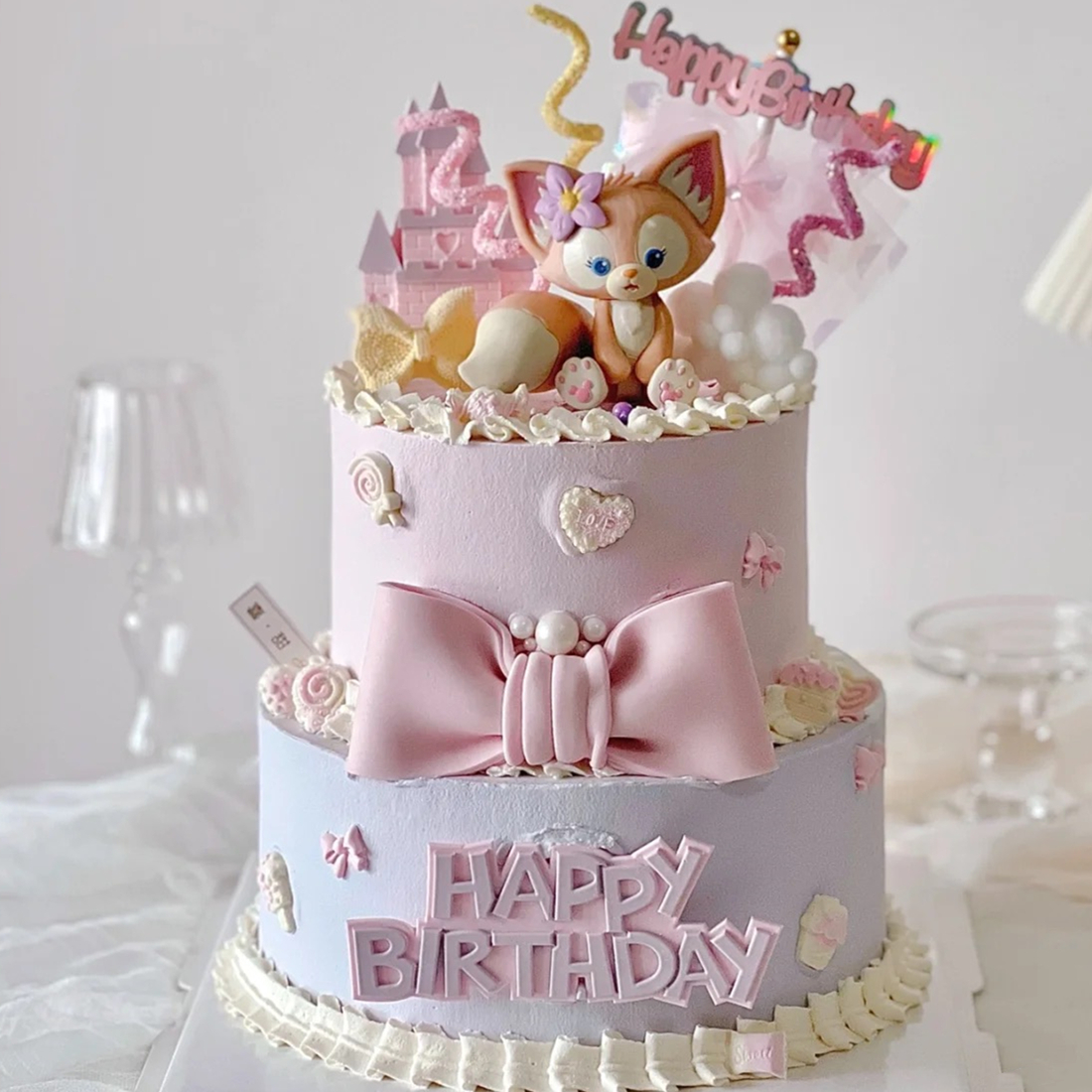 粉色狐狸蛋糕装饰摆件女孩生日蛋糕插件琳娜贝尔网红款儿童蛋糕款