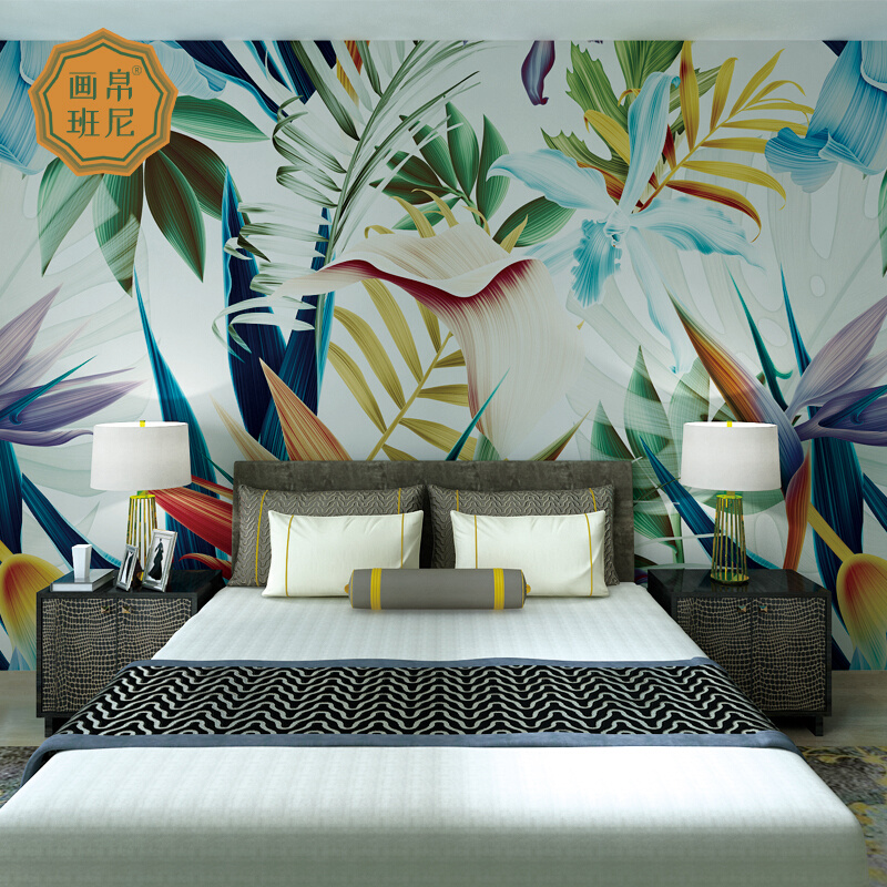 北欧手绘绿色植物热带雨林壁纸床头墙布无缝 卧室背景墙定制来图