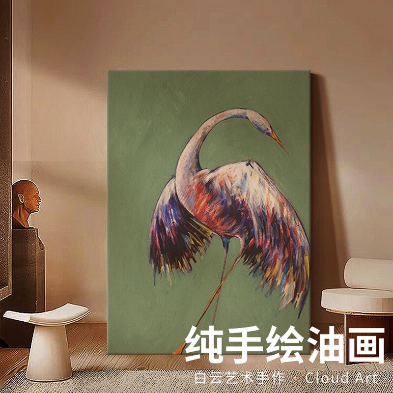 手绘油画北欧绿色系火烈鸟客厅装饰画鸟动物丙烯玄关落地摆件