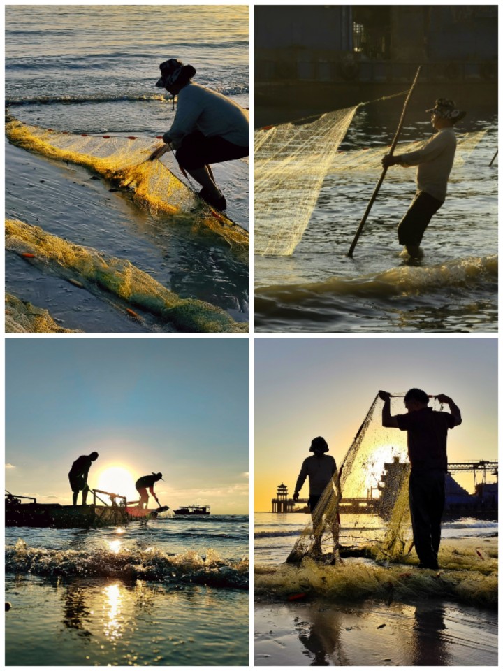 海边大海海岸海滩夕阳日落黄昏沙滩风光风景海浪渔民渔夫撒网素材