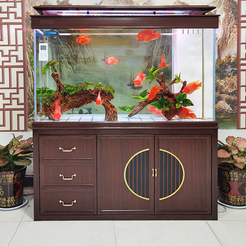 江彩超白鱼缸客厅大型落地免换水办公室中式屏风金鱼缸底滤龙鱼缸