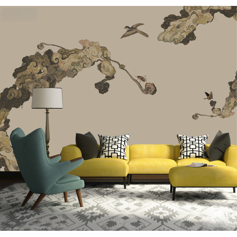 中式极简轻奢复古祥云壁纸客厅沙发卧室床头玄关背景墙布抽象壁画