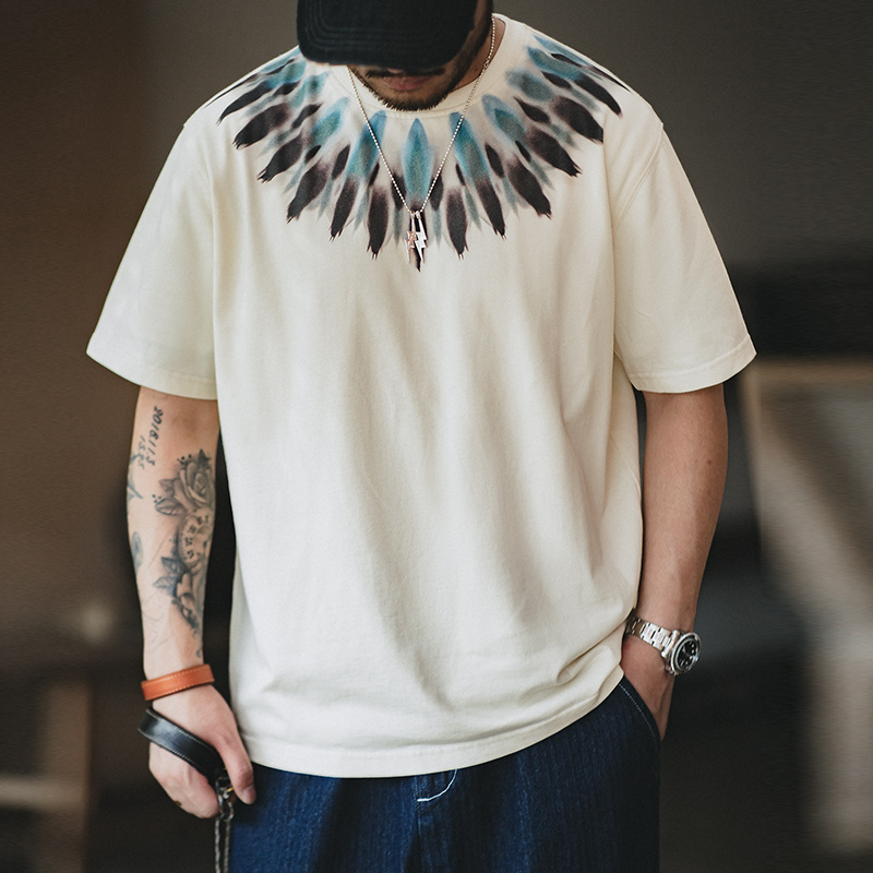 马登工装 美式复古重磅印第安羽毛印花短袖做旧宽松民族风T恤男夏