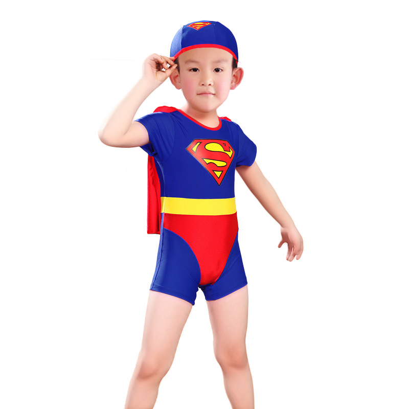 儿童超人连体游泳衣中小童宝宝防晒衣男孩卡通带披风海边温泉泳装