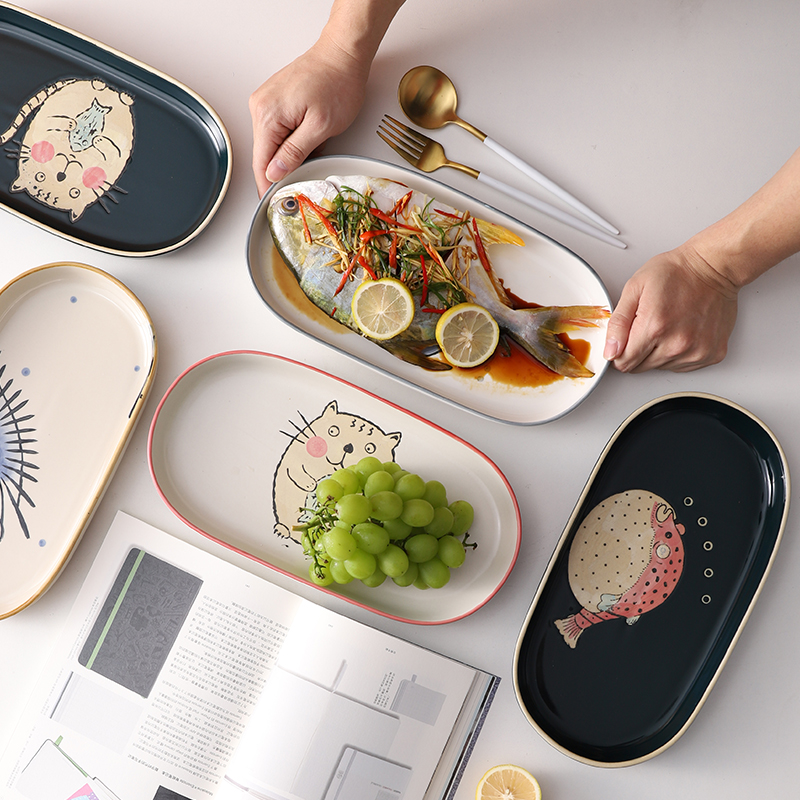 日式创意手绘可爱鱼盘子家用大号长方形餐盘蒸鱼盘子烤鱼盘可微波