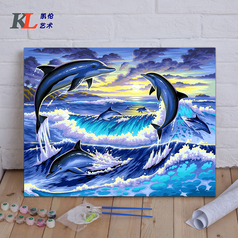 diy数字油画海豚 座头鲸海底世界客厅手工填色丙烯装饰画海洋动物