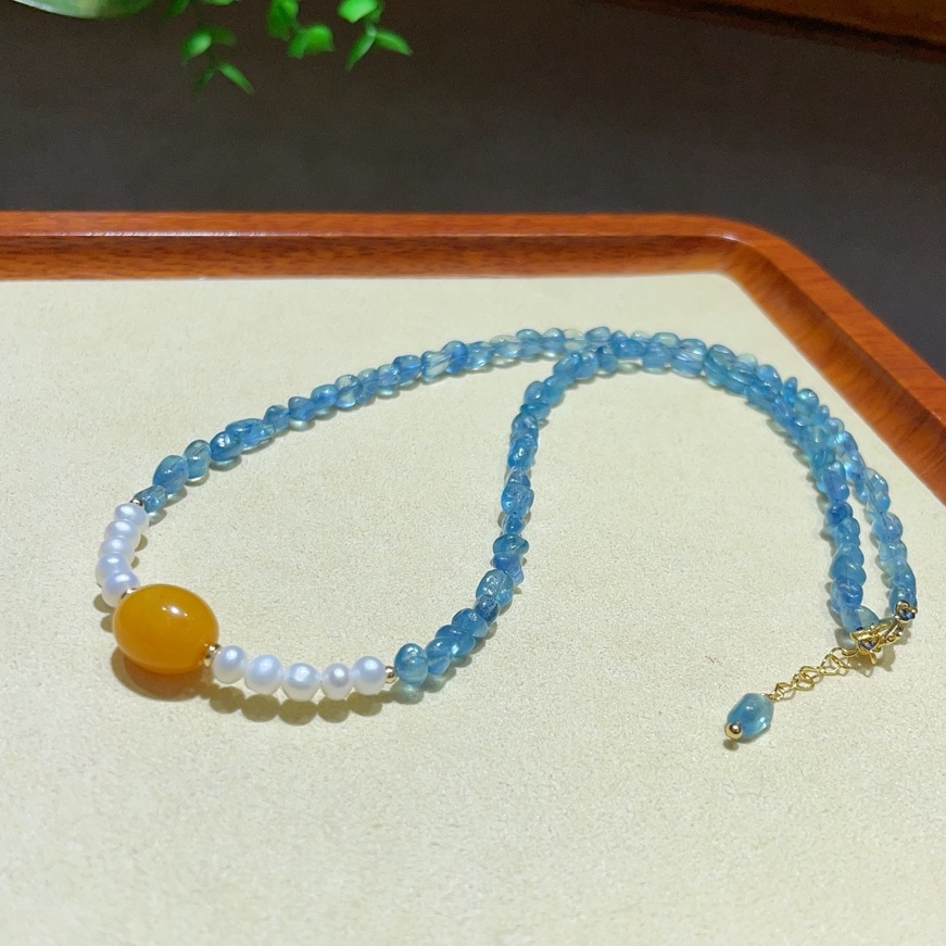 天然海蓝宝锁骨链5.3mm搭配蜜蜡枣珠珍珠