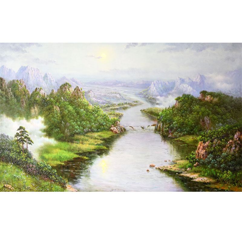 朝鲜风景油画 宽1.6米 咸军南 功勋艺术家《山川河流》vv228