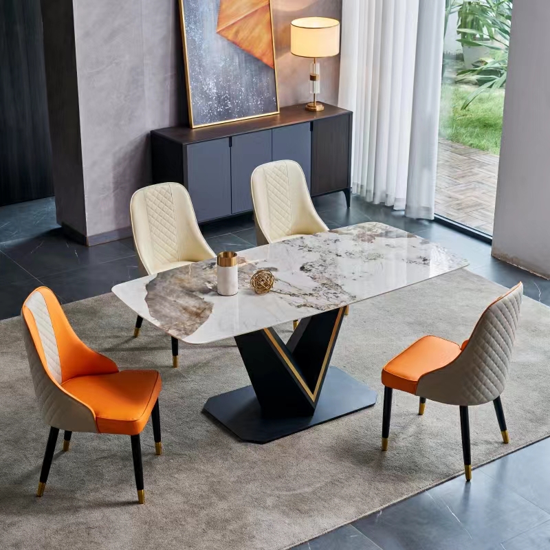 V字网红亮光岩板餐桌椅组合 设计师别墅餐厅高端家用长方形桌子