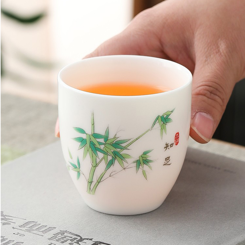 100mL茶杯大号容量主人杯粉彩寿桃图案羊脂玉瓷普洱茶杯茶具单杯