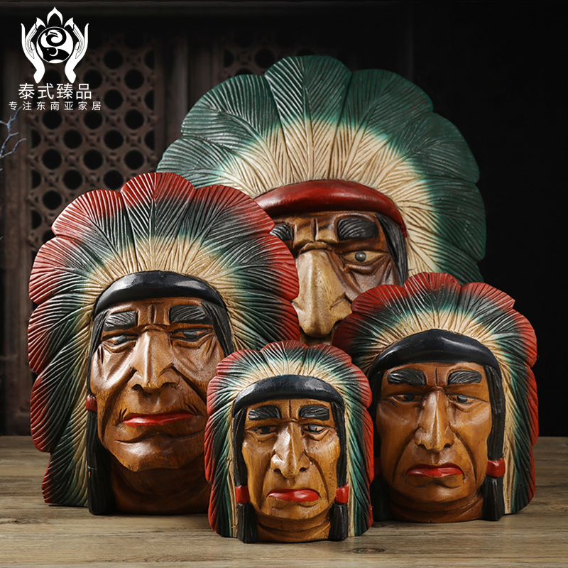 泰国手工实木印第安人酋长雕像摆件工艺品人物头像玄关装饰品摆设