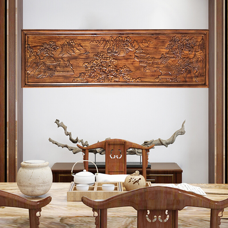东阳木雕浮雕风景横屏挂件客厅沙发背景墙壁挂实木装饰五牛图