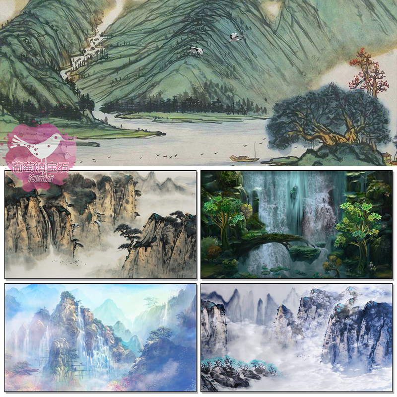 高山流水画卷古典中国风水墨晕染山水国画大屏幕led背景视频素材