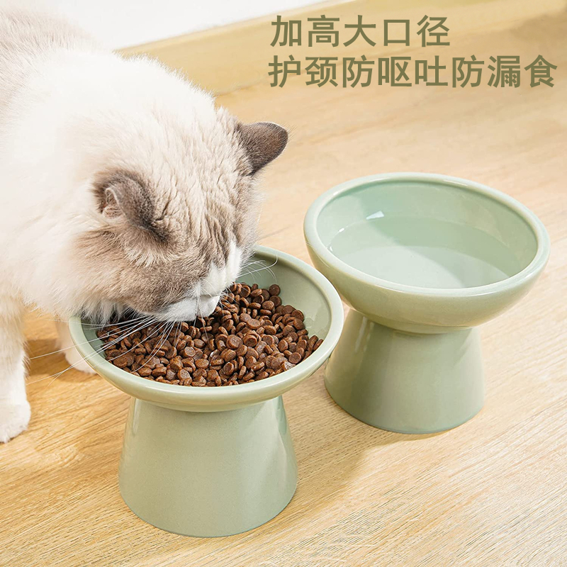 高脚大口径陶瓷猫碗护颈猫食盆防黑下巴猫咪喝水碗增高平口猫粮碗
