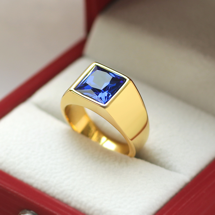 韩版24K金戒指男士简约时尚欧美戒子钛钢蓝宝石食指环首饰品潮流