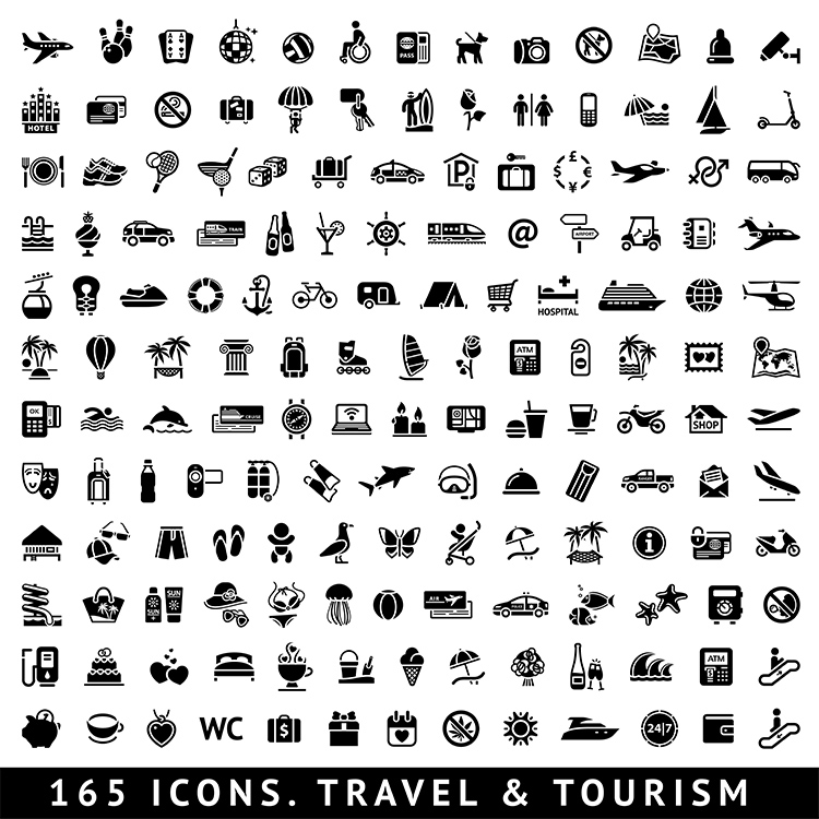 165个旅游图标 简约旅行度假出行元素剪影 AI格式矢量设计素材