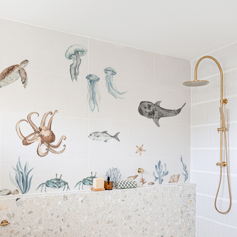《海洋之歌》儿童房蓝鲸鱼自粘墙贴纸ins风复古插画卫生间装饰