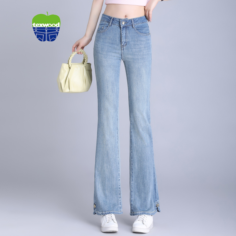 苹果牌2024夏季新款四面弹牛仔裤女微喇高腰显瘦小个子弹力喇叭裤