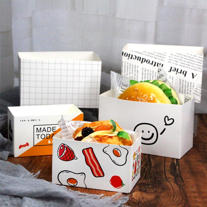 韩国三明治盒滑蛋厚蛋烧吐司纸托早餐打包盒手握面包蛋糕包装盒子