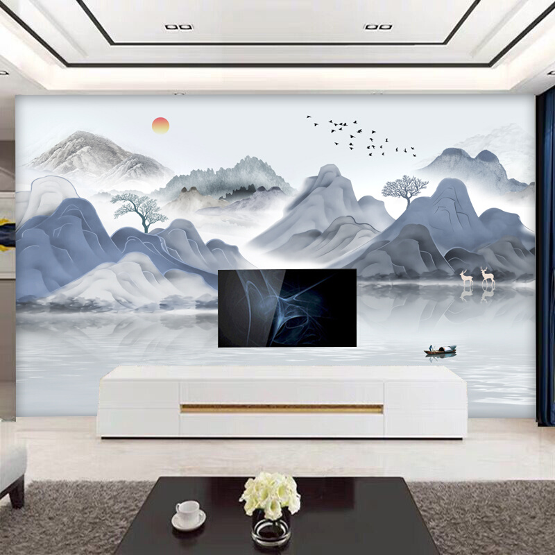 新中式山川飞鸟水墨墙纸壁画蓝色意境古风客厅电视背景墙壁纸墙布