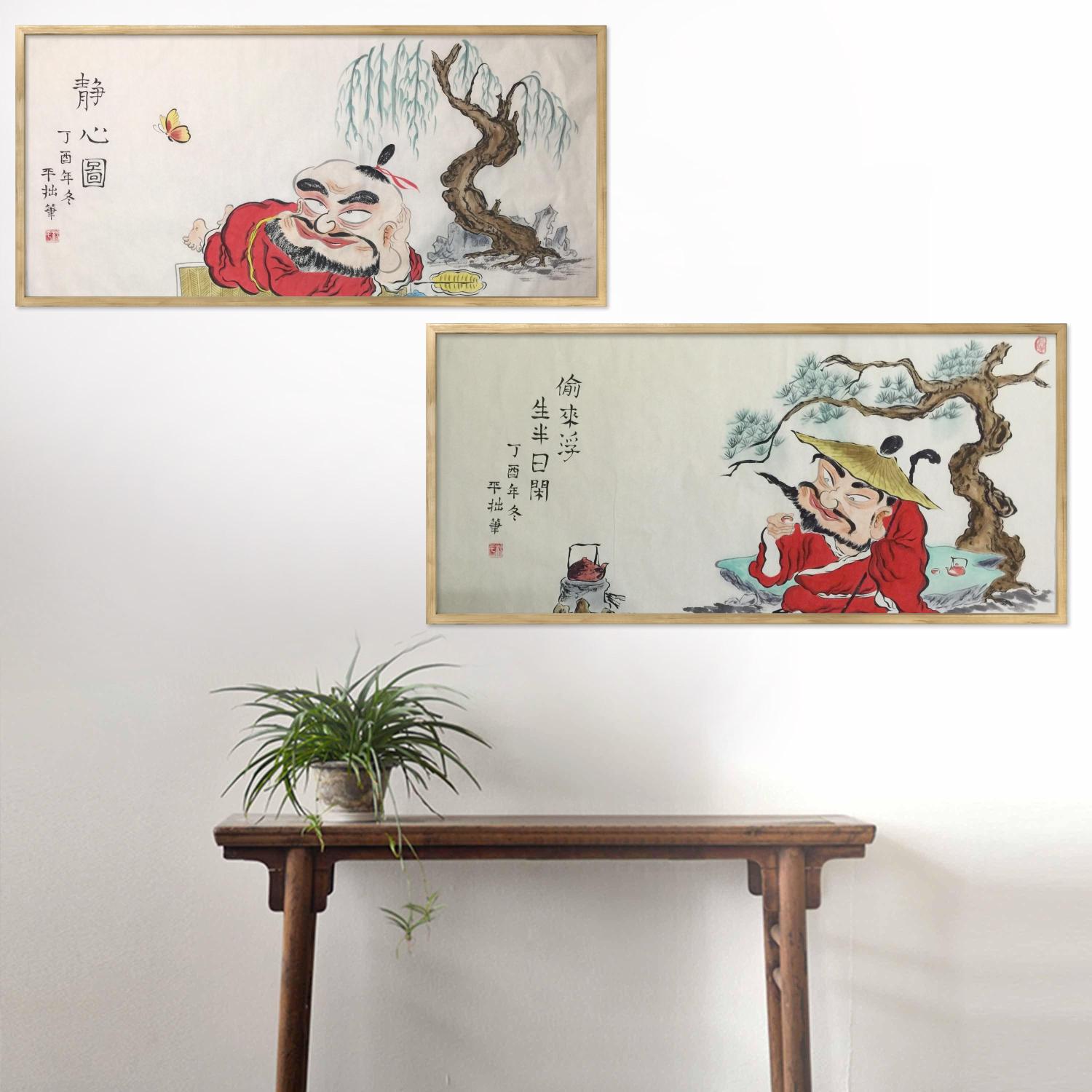 国画人物画横幅新中式禅意复古手绘装饰画漫画水墨纸本浮生系列01