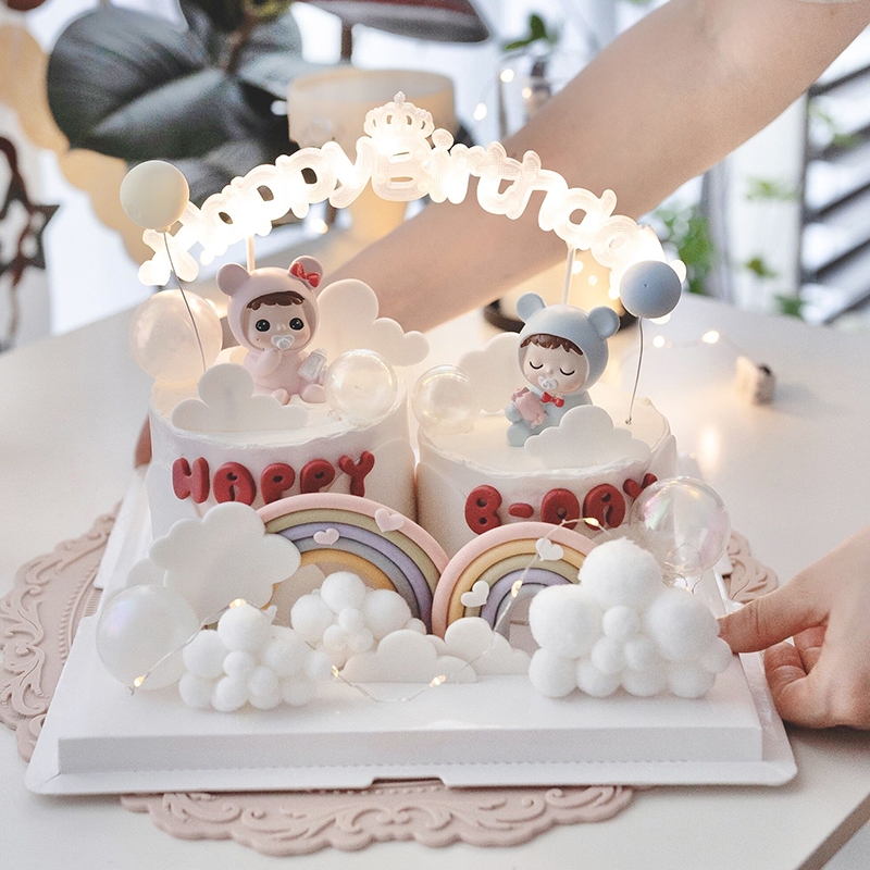 网红烘焙蛋糕装饰摆件彩虹生日快乐灯双胞胎龙凤胎宝宝卡通插件