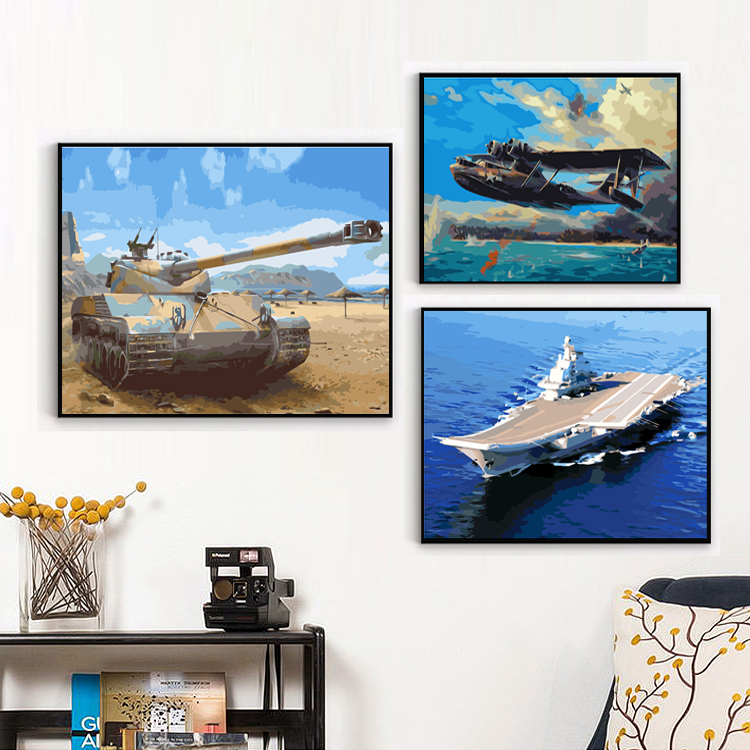 飞机航母坦克数字油画DIY填色油彩画军事海陆空儿童房装饰画礼物