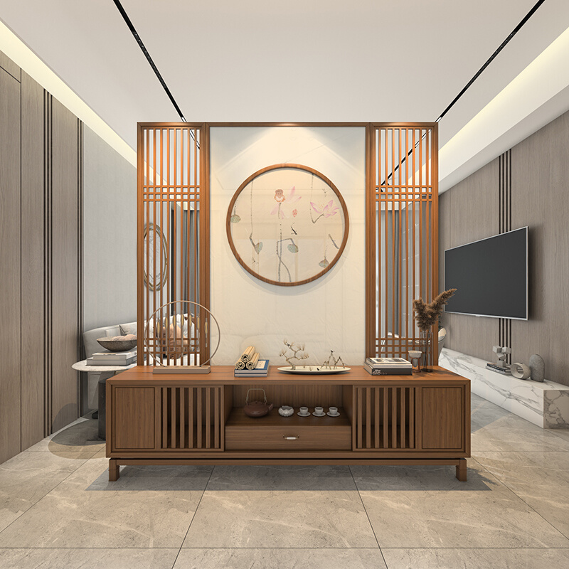 新中式实木屏风隔断客厅家用遮挡玄关柜电视柜背景墙镂空装饰禅意