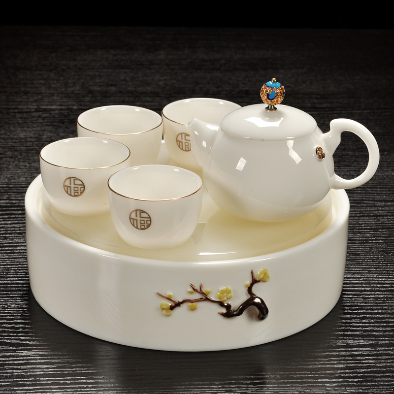 羊脂玉功夫茶具套装家用白瓷茶壶办公室会客盖碗茶杯唐月窑小茶盘