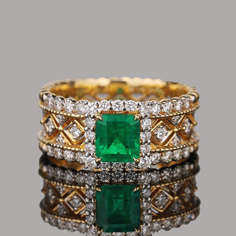 宝创集0.81克拉哥伦比亚祖母绿戒指木佐色18k金镶钻石指环彩宝