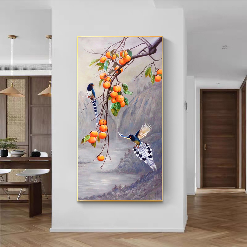 事事如意手绘油画柿子玄关装饰画过道走廊竖版新中式挂画喜上枝头