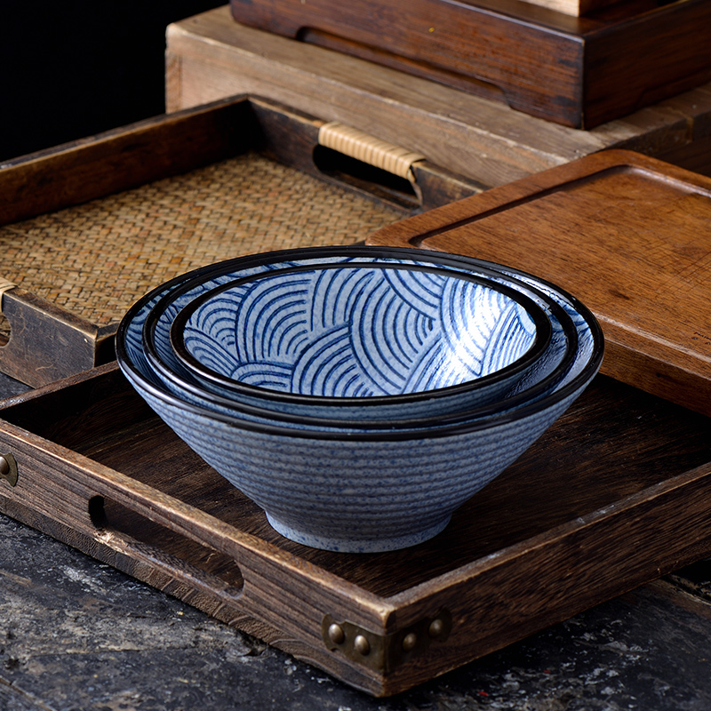 日式饭碗日本进口青海波陶瓷斗笠拉面碗大号 汤碗沙拉碗家用餐具