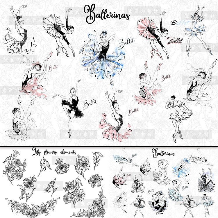 手绘黑白简笔画芭蕾舞演员百合花设计装饰PNG+EPS矢量图片素材