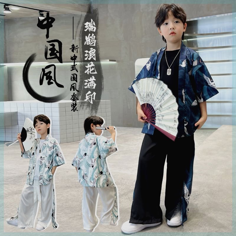 帅气男童夏季中国风短袖三件套2024新款中大儿童汉服唐装两件套装