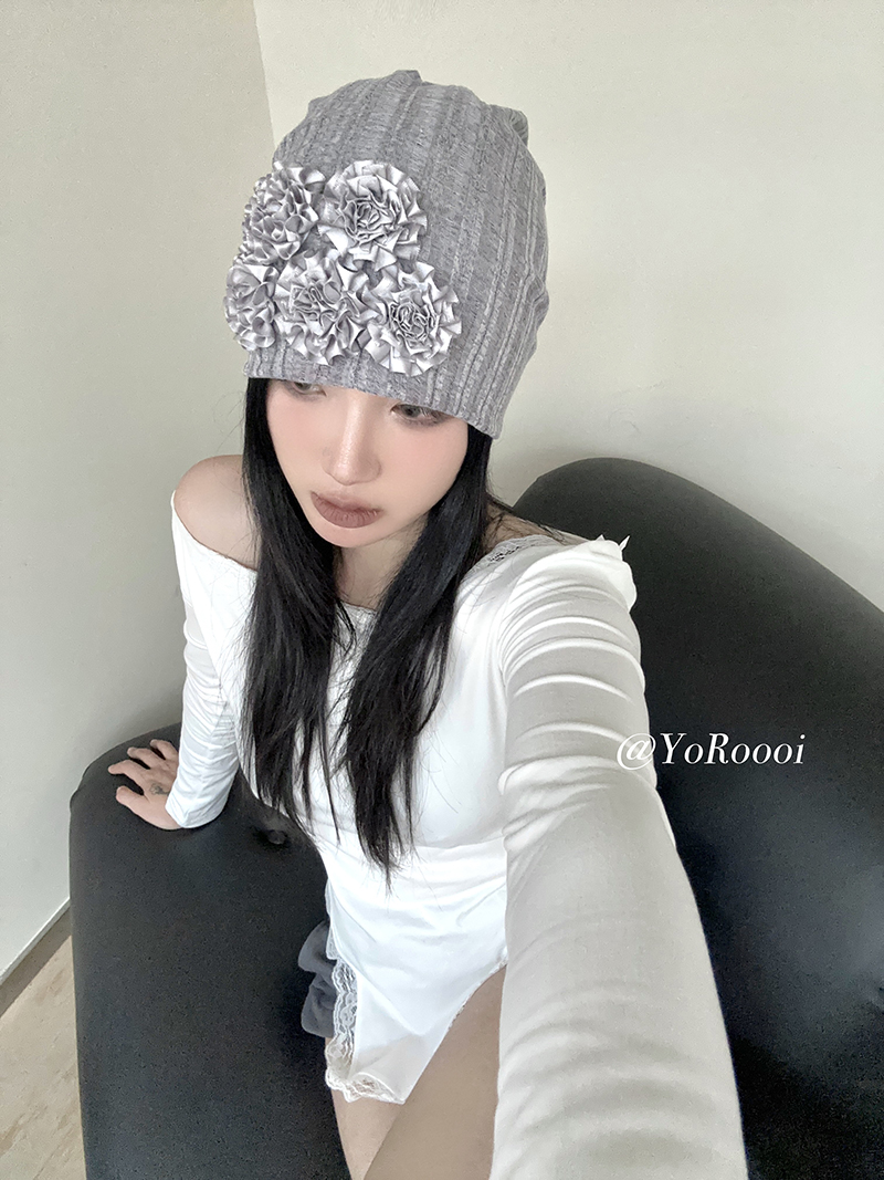 YoRoooi 自制春夏薄款韩系复古可爱玫瑰花针织帽堆堆帽小众包头帽