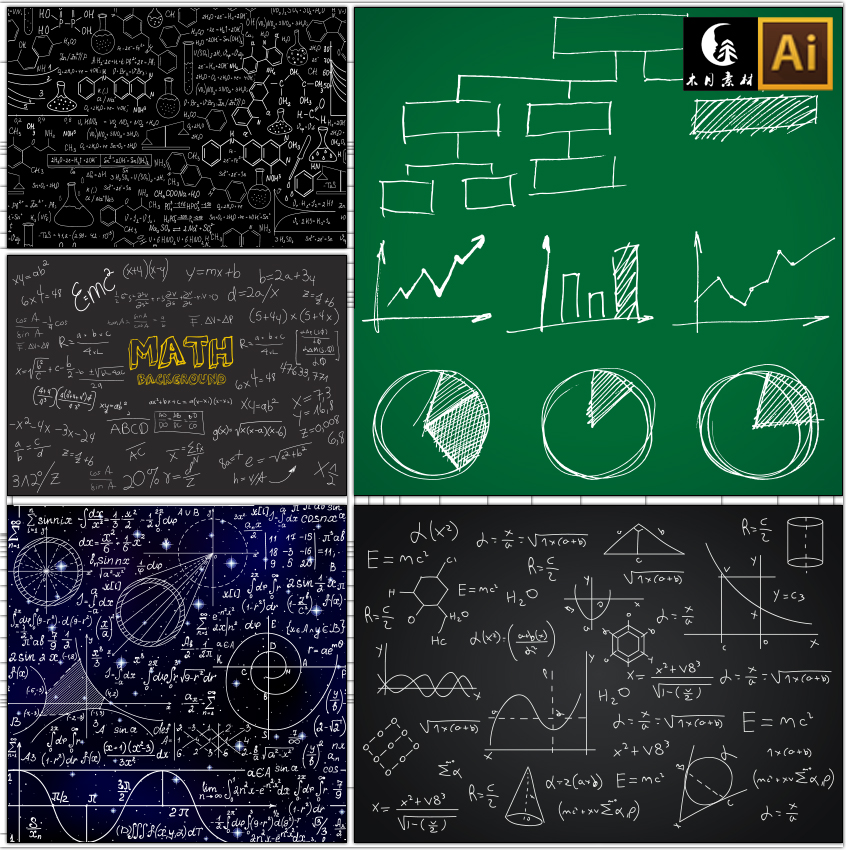 黑板上的数学化学几何物理公式印花科学教育背景矢量图片设计素材