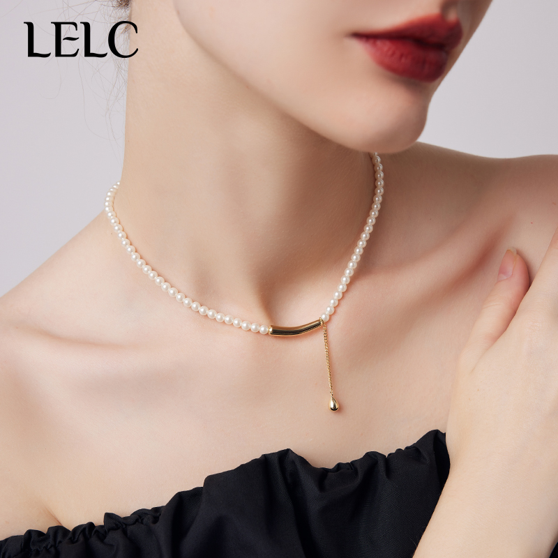 LELC一字施家珍珠项链女轻奢小众高级感水滴流苏锁骨链颈链配饰品