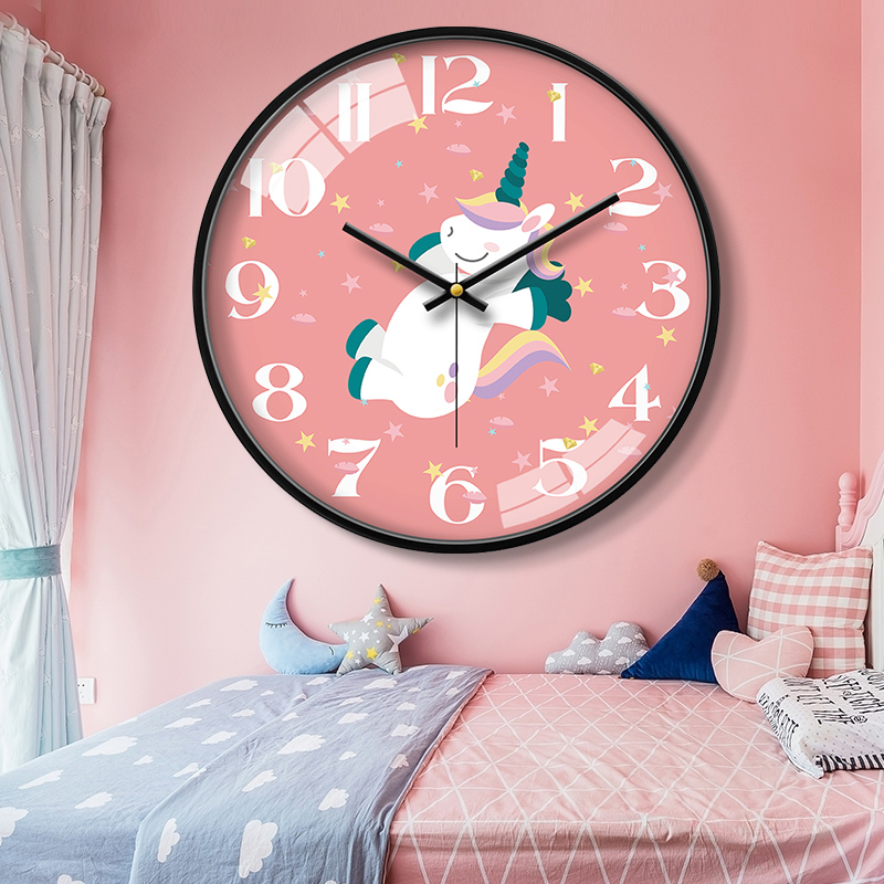 卡通独角兽挂钟可爱女孩卧室时钟14英寸家用创意客厅大号石英钟表
