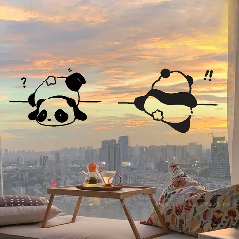 熊猫可爱装饰玻璃门窗防撞贴纸 客厅厨房推拉门布置创意简笔贴画